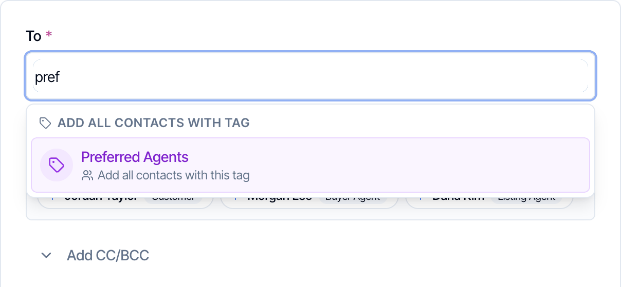 The To field with pref typed and a section Add all contacts with tag listing Preferred Agents, Add all contacts with this tag