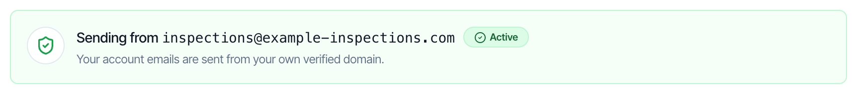 The status box: Sending from inspections@example-inspections.com with a green Active badge, and the line Your account emails are sent from your own verified domain