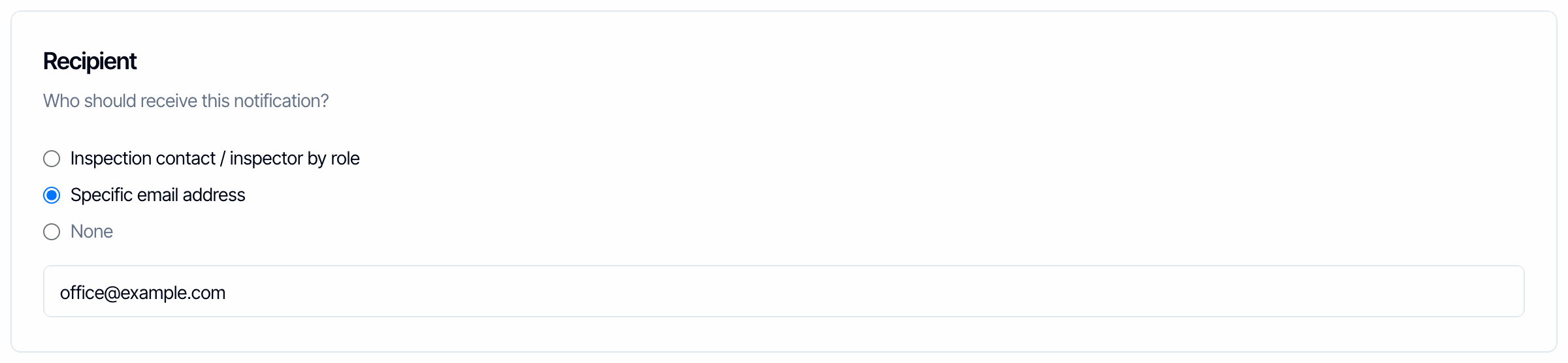 The Recipient box with Specific email address selected and office@example.com typed in