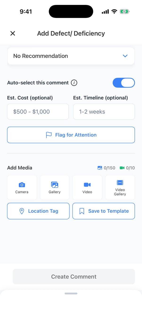 The lower part of Add Defect/ Deficiency: the service box (No Recommendation), Auto-select this comment turned on, Est. Cost and Est. Timeline boxes, a Flag for Attention button, and Add Media with 0/150 and 0/10 counters, Camera, Gallery, Video and Video Gallery buttons, and Location Tag and Save to Template buttons
