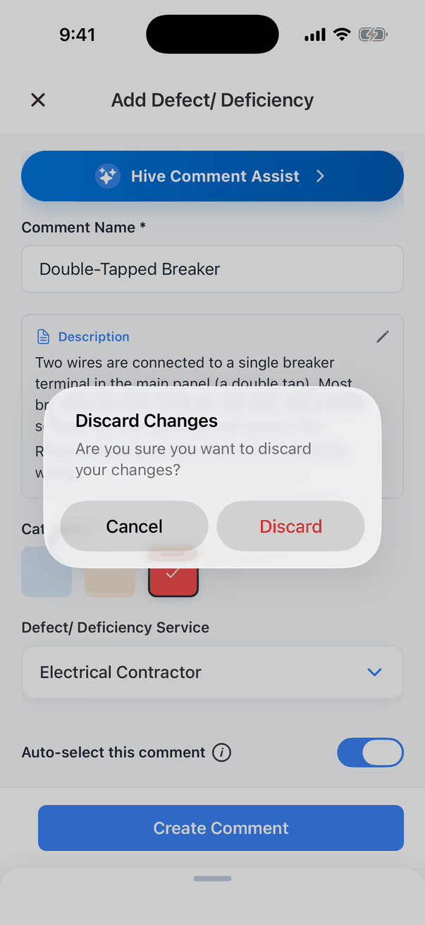 The Discard Changes message over the filled-in form: Are you sure you want to discard your changes? Buttons Cancel and Discard