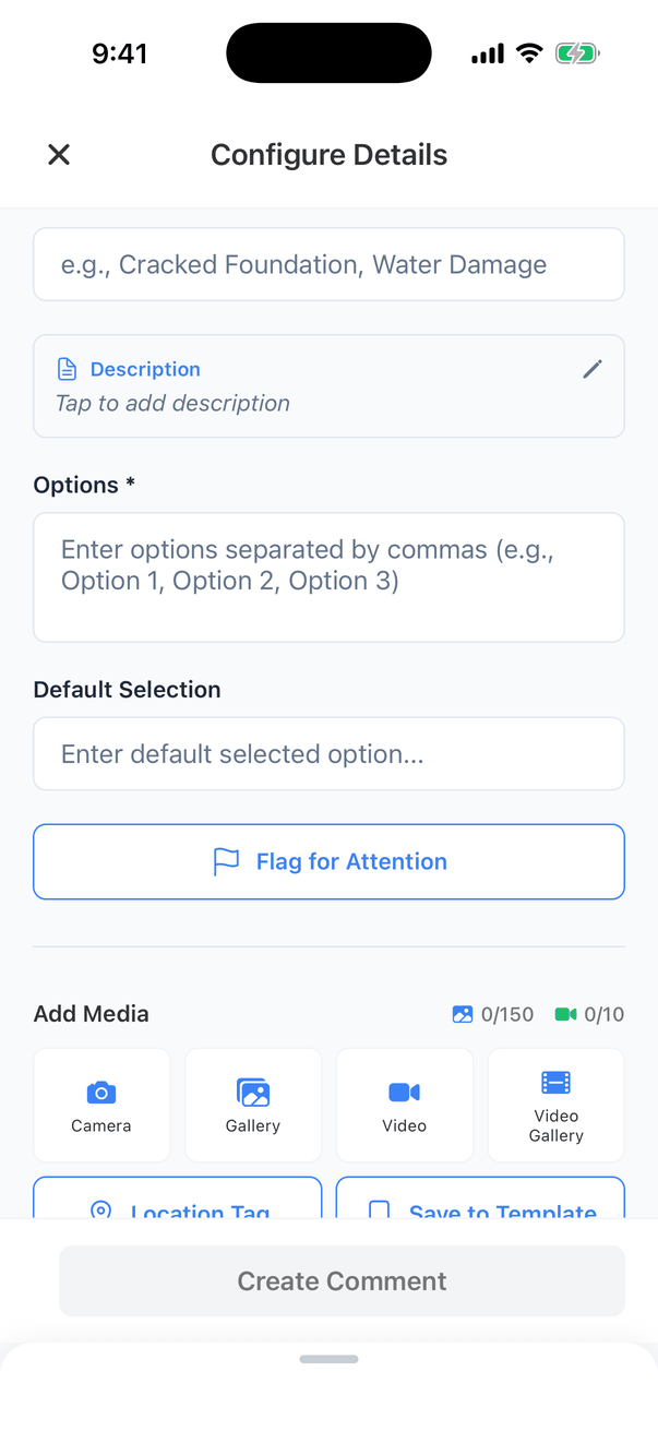 The Configure Details screen for a Multiple Choice comment: Comment Name, Description, an Options box (Enter options separated by commas, e.g., Option 1, Option 2, Option 3), a Default Selection box, a Flag for Attention button, and Add Media with Camera, Gallery, Video and Video Gallery buttons