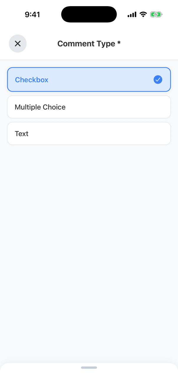 The Comment Type list with Checkbox (selected, with a tick), Multiple Choice and Text
