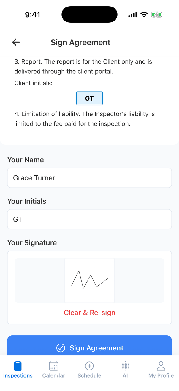 The bottom of Sign Agreement filled in: the initials GT shown in the Client initials box in the agreement, Your Name Grace Turner, Your Initials GT, the drawn signature with a red Clear & Re-sign link, and a blue Sign Agreement button