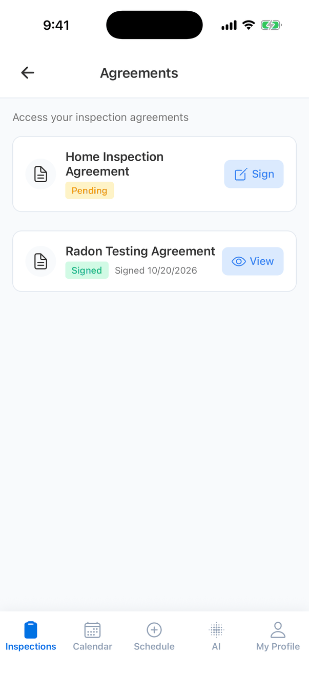 The Agreements screen, Access your inspection agreements, with two cards: Home Inspection Agreement with a yellow Pending badge and a Sign button, and Radon Testing Agreement with a green Signed badge, Signed 10/20/2026 and a View button