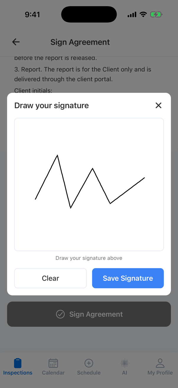 The Draw your signature window with a drawn signature, the hint Draw your signature above, and Clear and Save Signature buttons