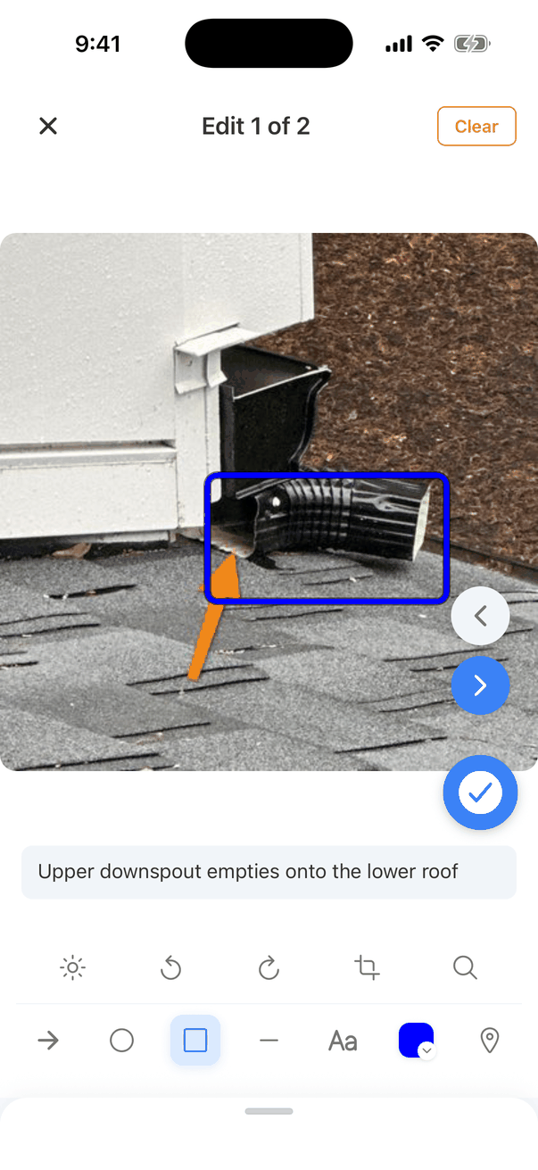 The same photo with a blue box drawn around the end of the downspout. The Clear button is now active