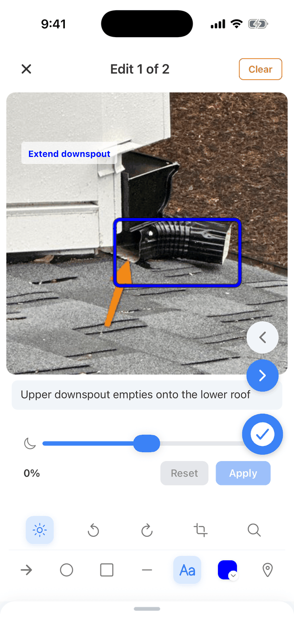 The brightness panel under the annotated photo: a slider from a moon icon, 0%, and Reset and Apply buttons