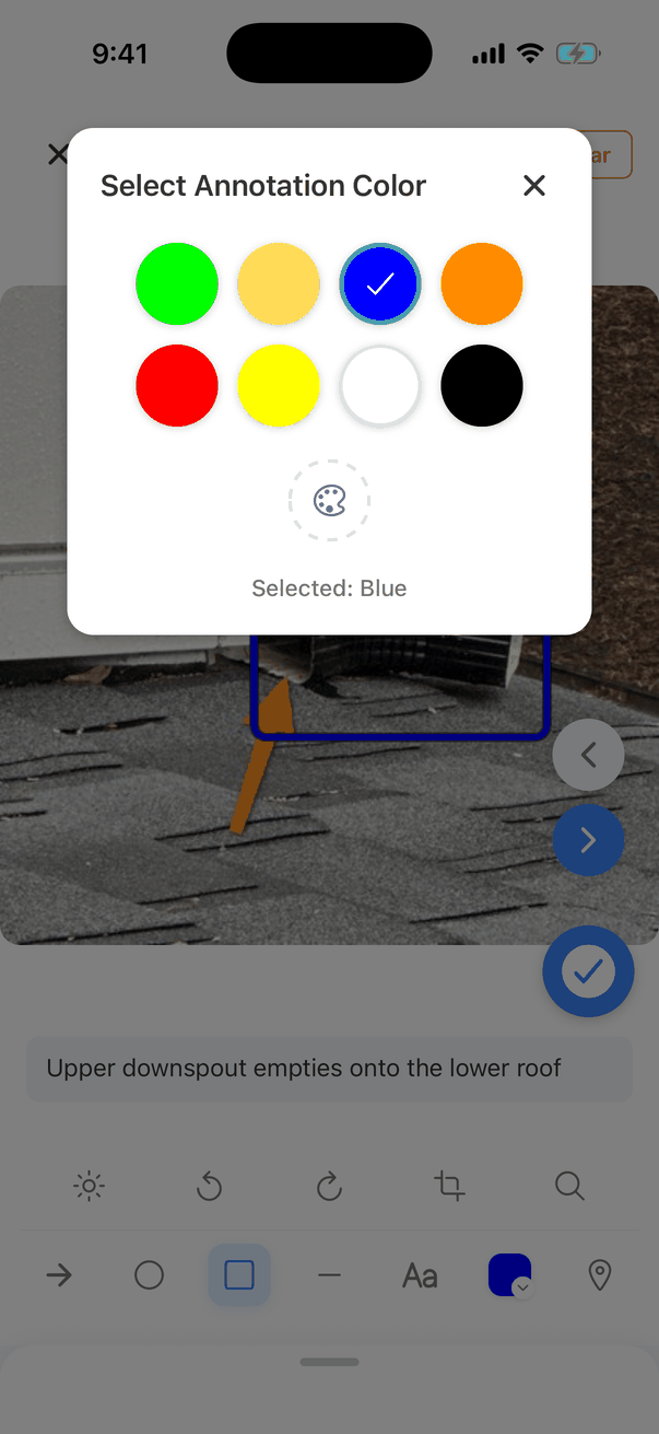 The Select Annotation Color window with eight colour circles (green, mustard, blue with a tick, orange, red, yellow, white and black), a palette button for a custom colour, and the text Selected: Blue