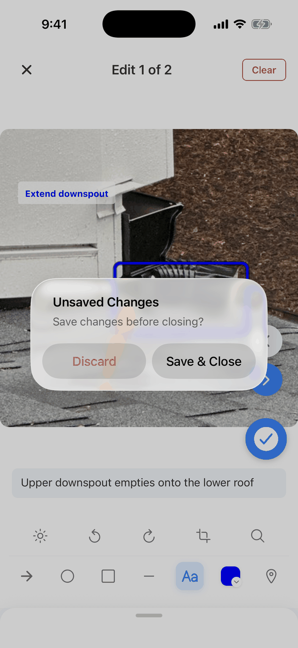 The Unsaved Changes message over the annotated photo: Save changes before closing? Buttons Discard and Save & Close