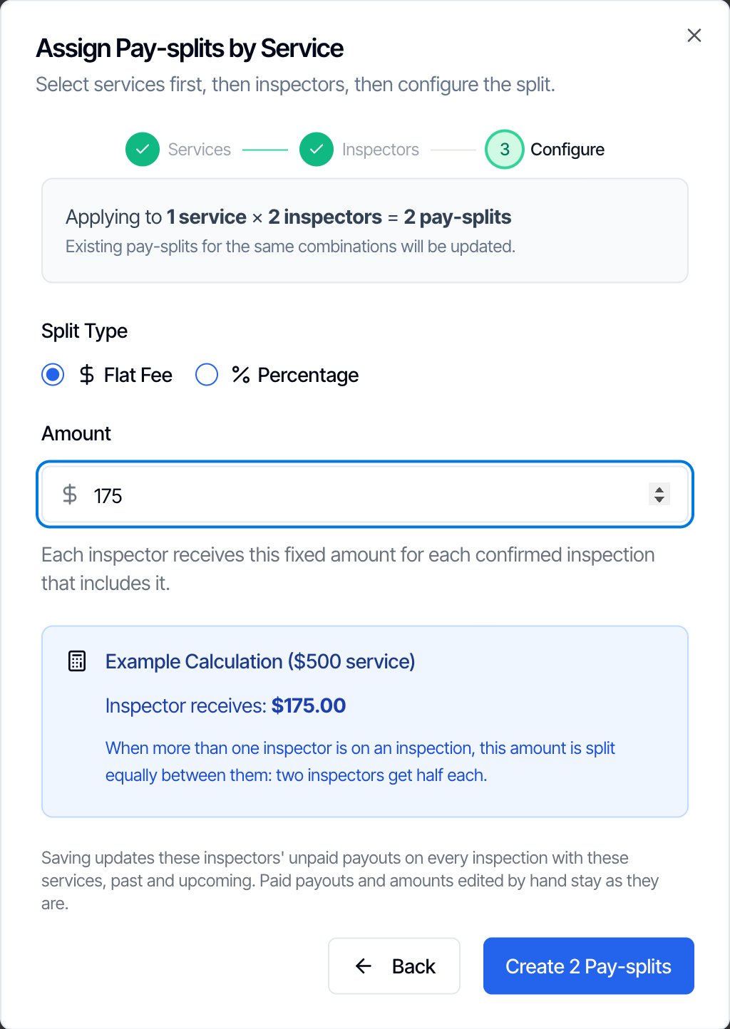 The Assign Pay-splits by Service window on step 3, Configure, after the Services and Inspectors steps: Applying to 1 service × 2 inspectors = 2 pay-splits. Existing pay-splits for the same combinations will be updated. Split Type Flat Fee, Amount $175, Each inspector receives this fixed amount for each confirmed inspection that includes it, an Example Calculation showing Inspector receives: $175.00 with the note that two inspectors get half each, the note that saving updates these inspectors' unpaid payouts while paid payouts and hand edits stay, and Back and Create 2 Pay-splits buttons