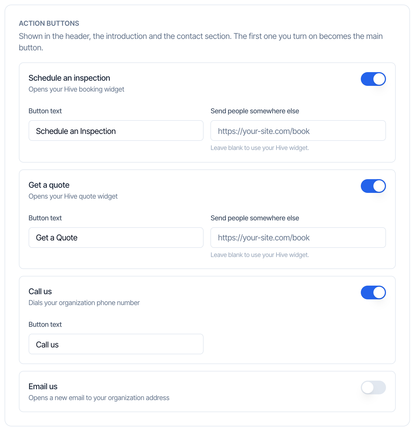 The Action buttons card with Schedule an inspection, Get a quote and Call us switched on, each with a Button text box, a Send people somewhere else box on the first two, and Email us switched off