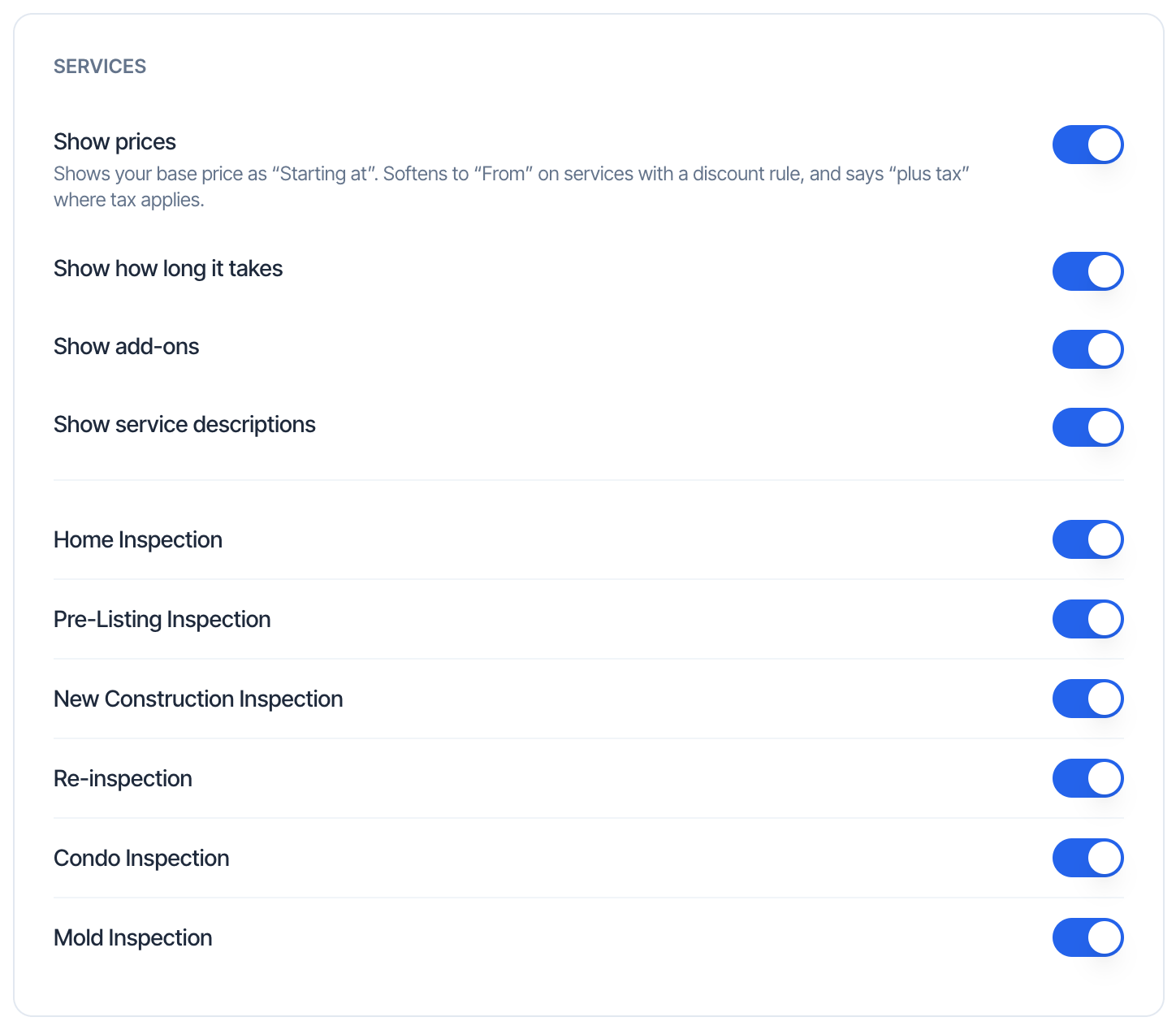 The Services card on the Details tab: switches for Show prices, Show how long it takes, Show add-ons and Show service descriptions, then a switch for each service: Home Inspection, Pre-Listing Inspection, New Construction Inspection, Re-inspection, Condo Inspection and Mold Inspection