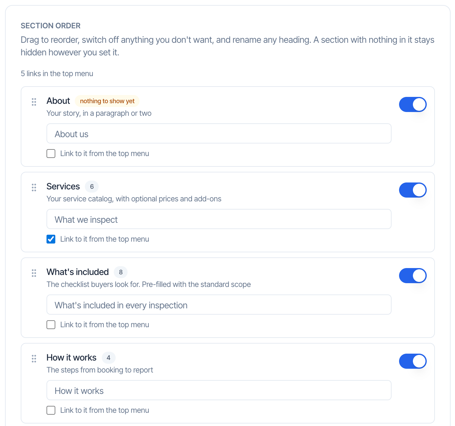 The Section order card: 5 links in the top menu, then a row per section with a drag handle, name, count and switch: About with a nothing to show yet tag, Services 6, What's included 8 and How it works 4, each with a heading box and a Link to it from the top menu checkbox, ticked for Services