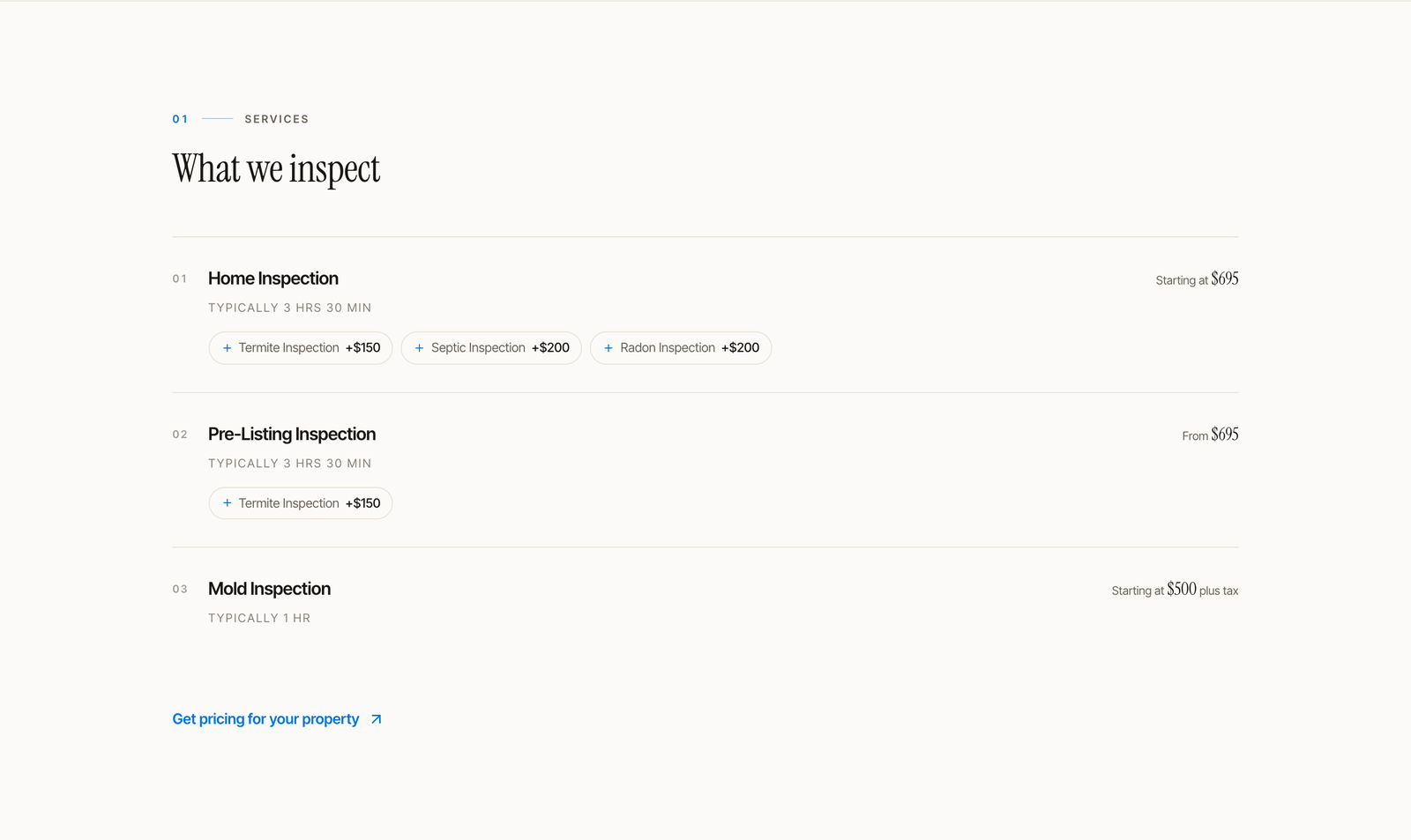 The What we inspect section of a public page: Home Inspection Starting at $695, typically 3 hrs 30 min, with Termite, Septic and Radon add-ons; Pre-Listing Inspection From $695; Mold Inspection Starting at $500 plus tax; and a Get pricing for your property link