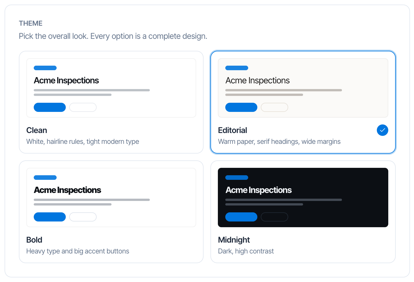 The Theme card with four options, each with a small preview: Clean, Editorial (selected), Bold and Midnight