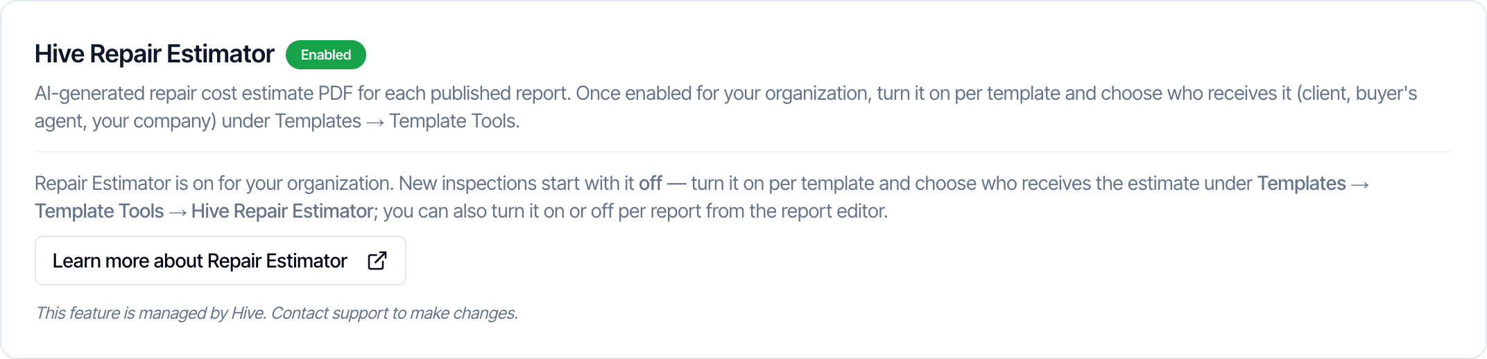 The Hive Repair Estimator card under Business Tools, Hive AI, with a green Enabled badge and a Learn more about Repair Estimator button