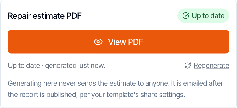 The Repair estimate PDF box for a current estimate: an Up to date badge, an orange View PDF button, the text Up to date, generated just now, and a small Regenerate link at the bottom right