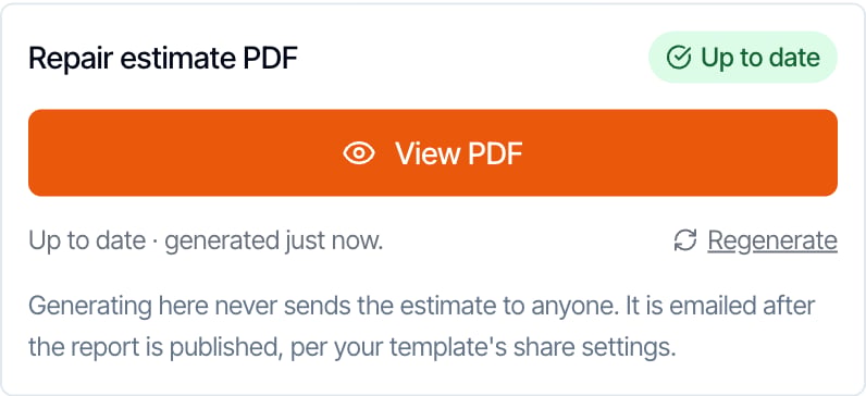 The Repair estimate PDF box for a current estimate: an Up to date badge, an orange View PDF button, the text Up to date, generated just now, and a small Regenerate link at the bottom right