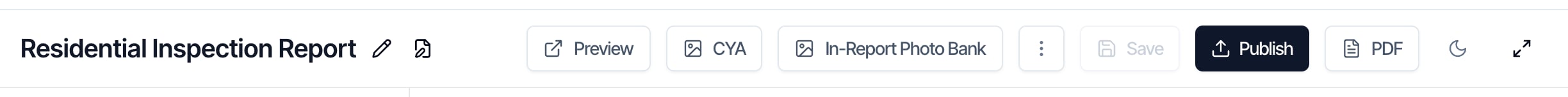 The Web Editor toolbar for a report, with Preview, CYA, In-Report Photo Bank, the three-dot Report Tools button, Save, Publish and PDF