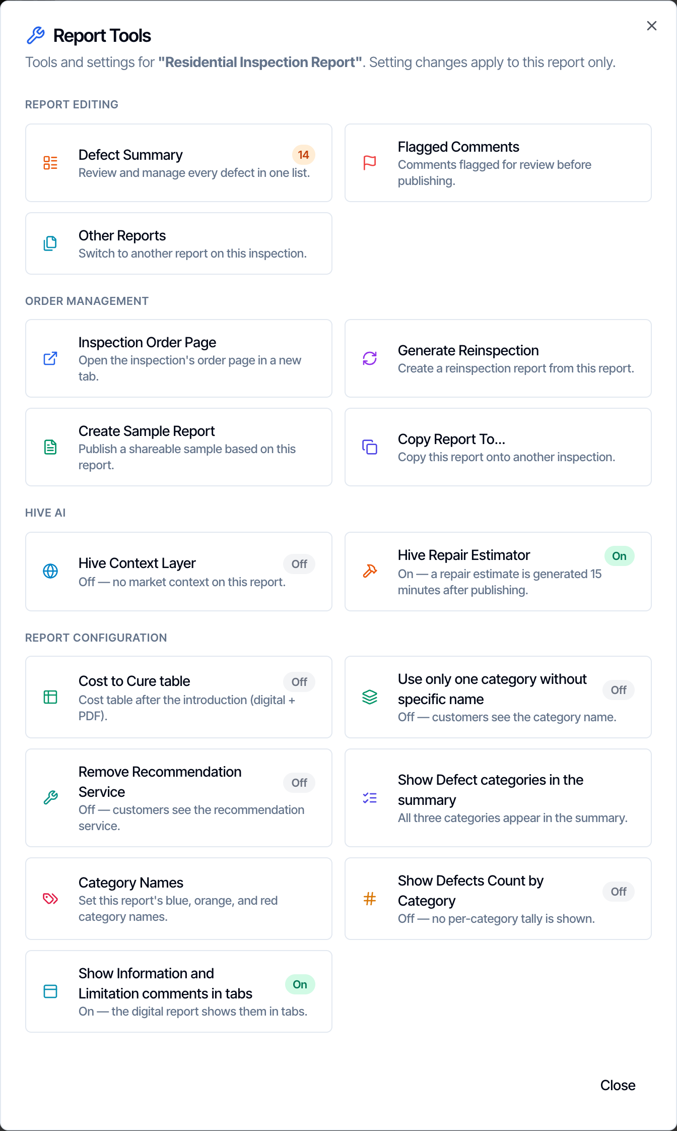 The Report Tools dialog with its Report Editing, Order Management, Hive AI and Report Configuration groups, and under Hive AI the Hive Repair Estimator card with a green On badge