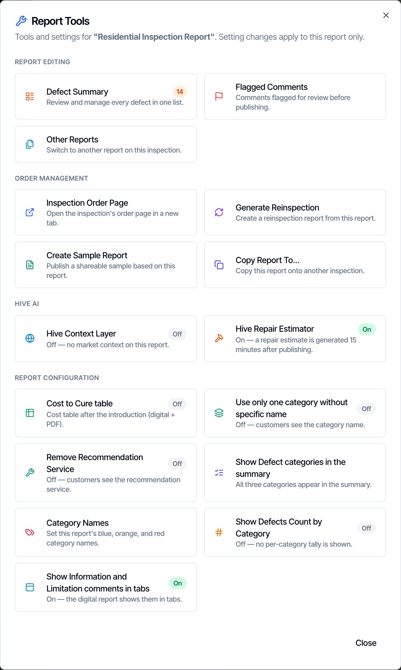 The Report Tools dialog with its Report Editing, Order Management, Hive AI and Report Configuration groups, and under Hive AI the Hive Repair Estimator card with a green On badge