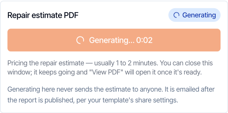 The Repair estimate PDF box while an estimate is being built: a blue Generating badge, the button reading Generating with a 0:02 timer, and the note that it usually takes 1 to 2 minutes