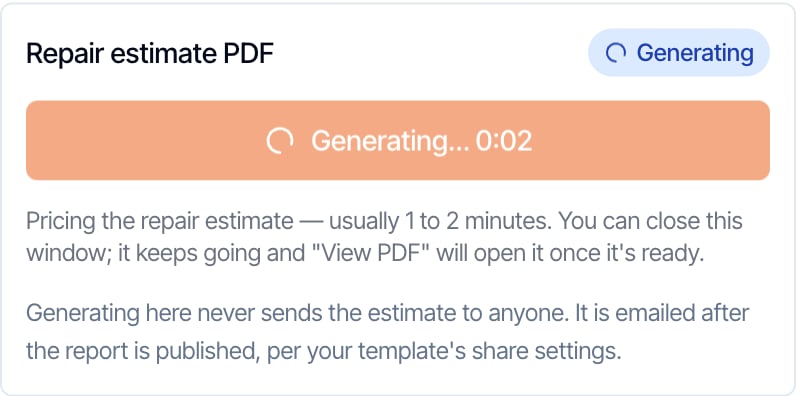 The Repair estimate PDF box while an estimate is being built: a blue Generating badge, the button reading Generating with a 0:02 timer, and the note that it usually takes 1 to 2 minutes