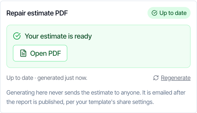The Repair estimate PDF box after the estimate is built: an Up to date badge, a green Your estimate is ready panel with an Open PDF button, and a Regenerate link