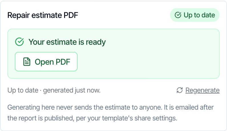 The Repair estimate PDF box after the estimate is built: an Up to date badge, a green Your estimate is ready panel with an Open PDF button, and a Regenerate link