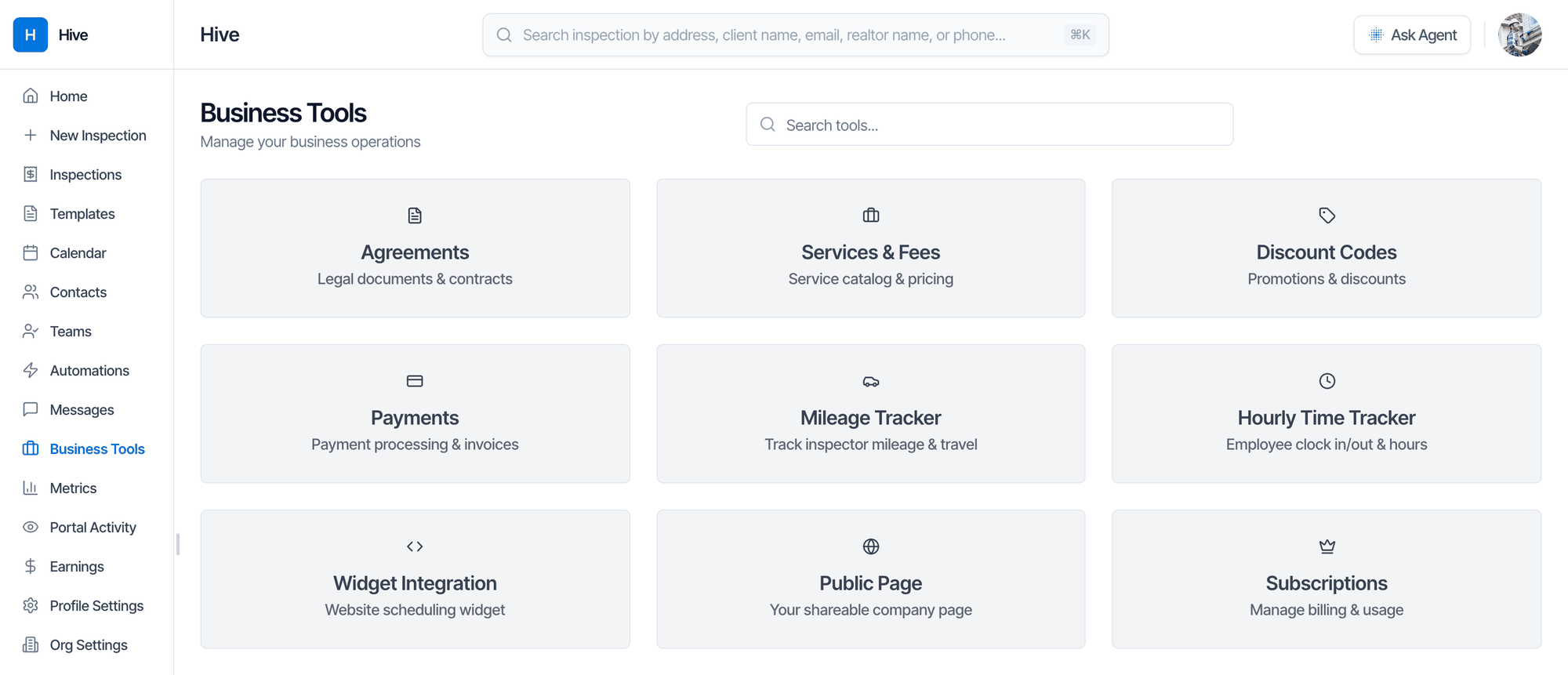 The Business Tools page with the left menu and a grid of tool cards: Agreements, Services and Fees, Discount Codes, Payments, Mileage Tracker, Hourly Time Tracker, Widget Integration (Website scheduling widget), Public Page and Subscriptions