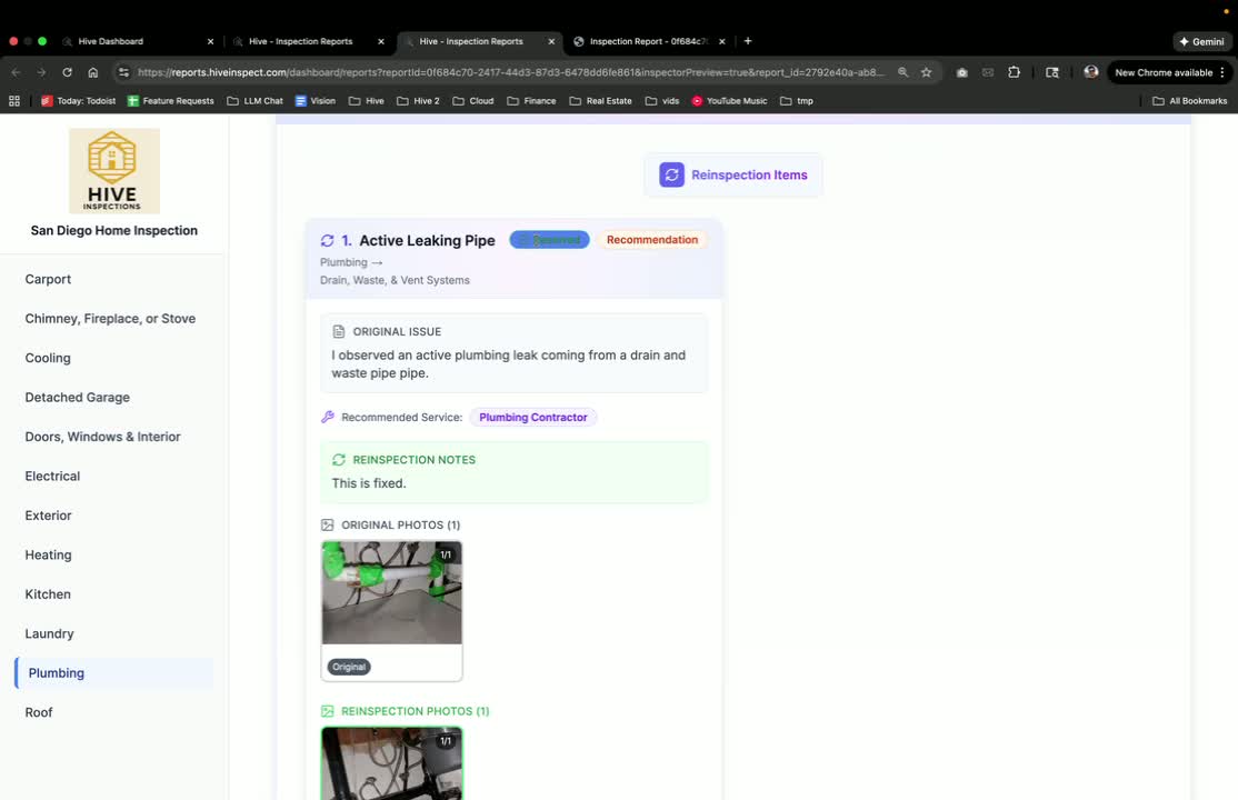 Client View of the Re-Inspection Report in Hive Inspect