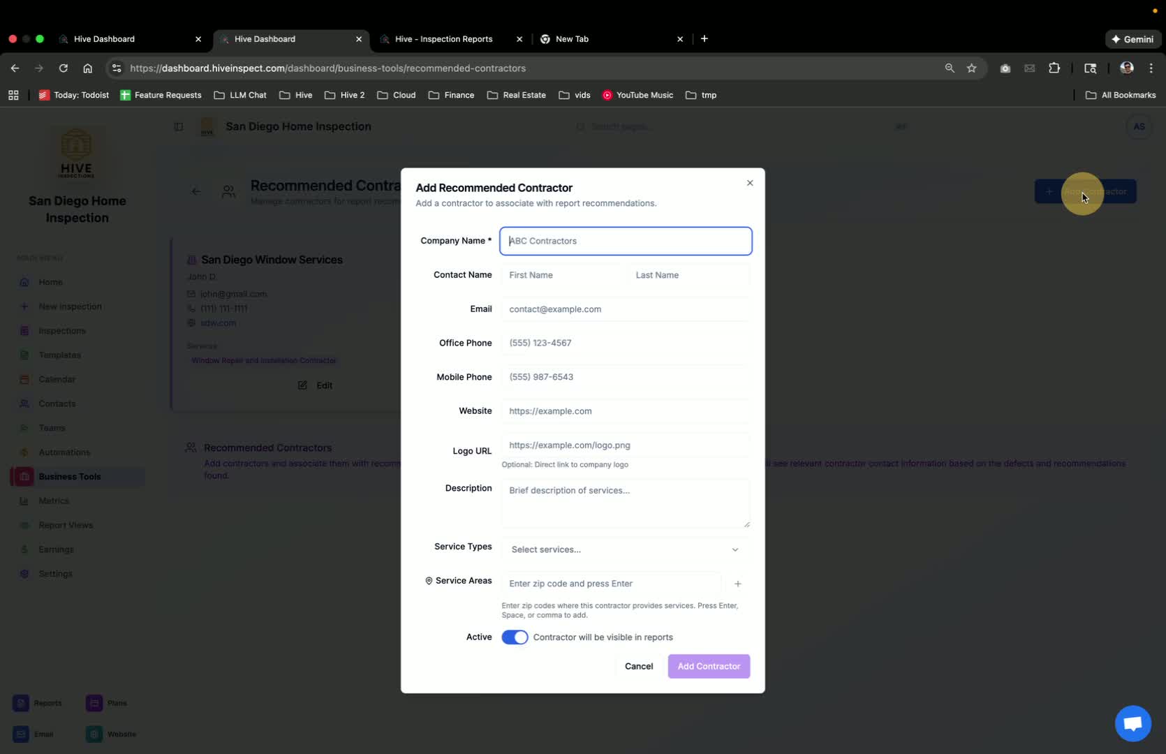 Adding a Contractor in Hive Inspect