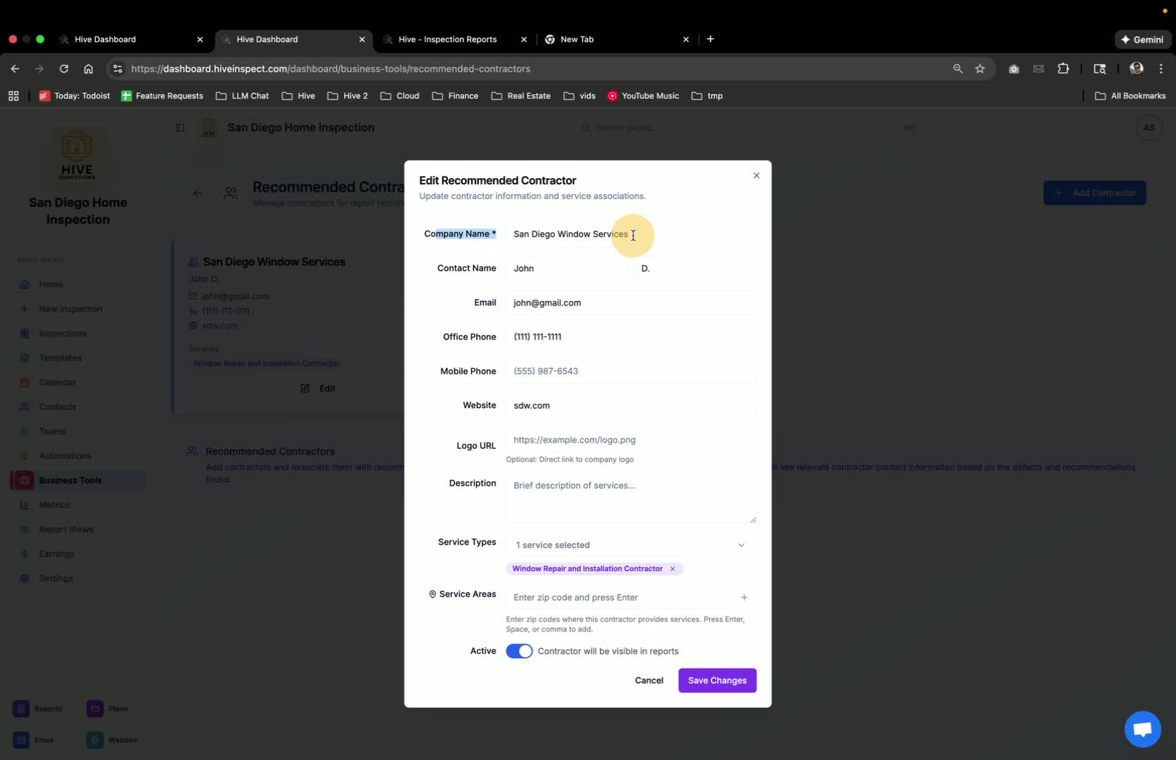 Entering Contractor Information in Hive Inspect