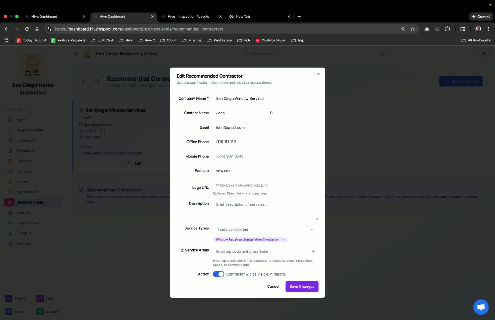 Selecting Services for the Contractor in Hive Inspect
