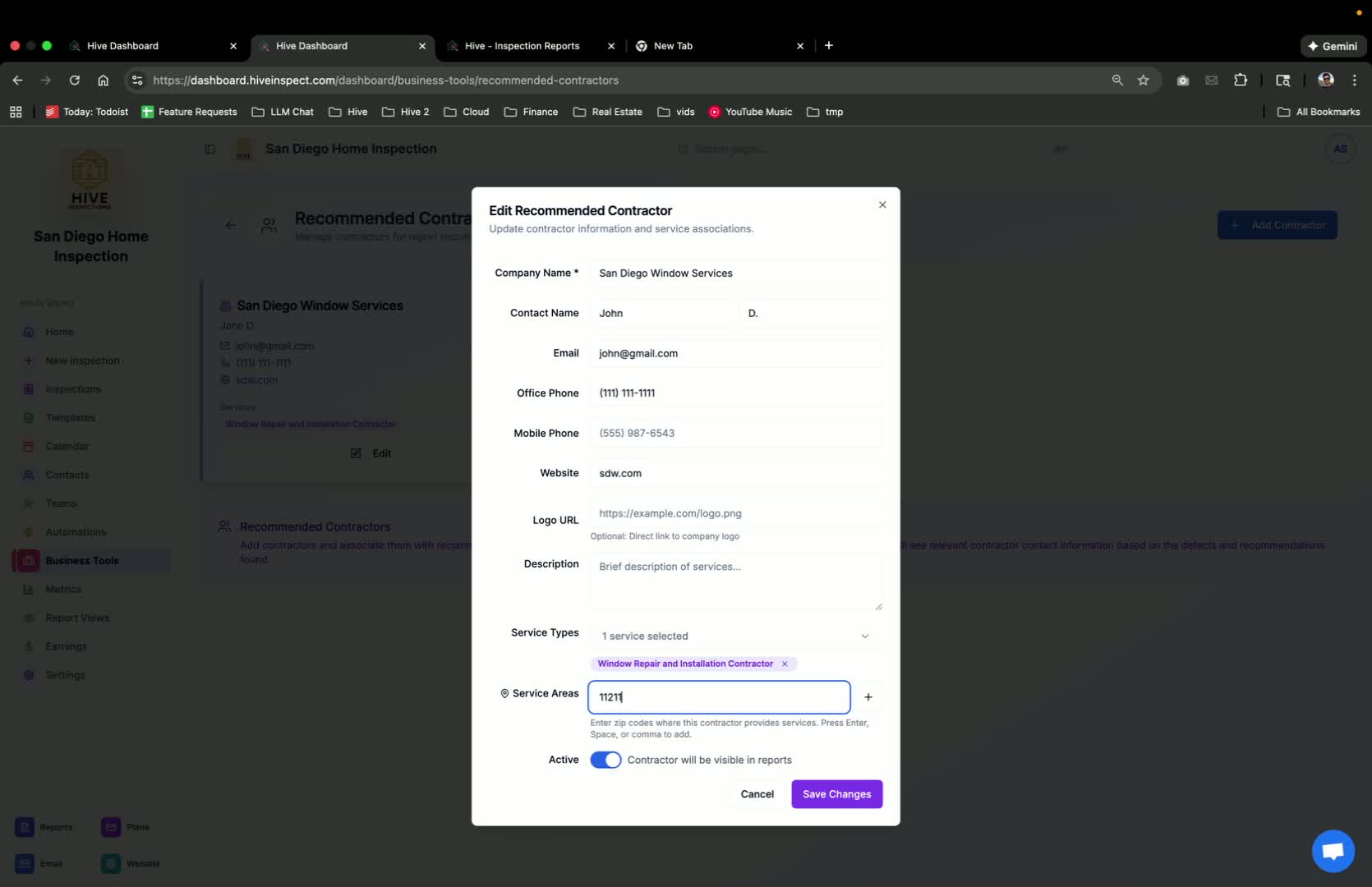 Adding Service Areas by Zip Code in Hive Inspect