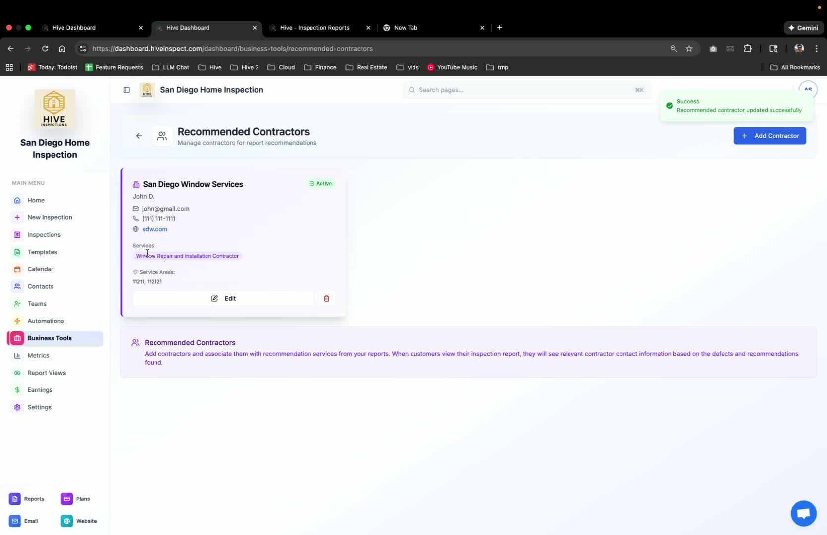 Saving Contractor Information in Hive Inspect