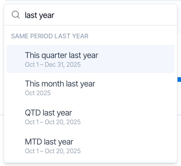 The date range search with last year typed: the list narrows to Same period last year, with This quarter last year (Oct 1 – Dec 31, 2025), This month last year (Oct 2025), QTD last year (Oct 1 – Oct 20, 2025) and MTD last year (Oct 1 – Oct 20, 2025)