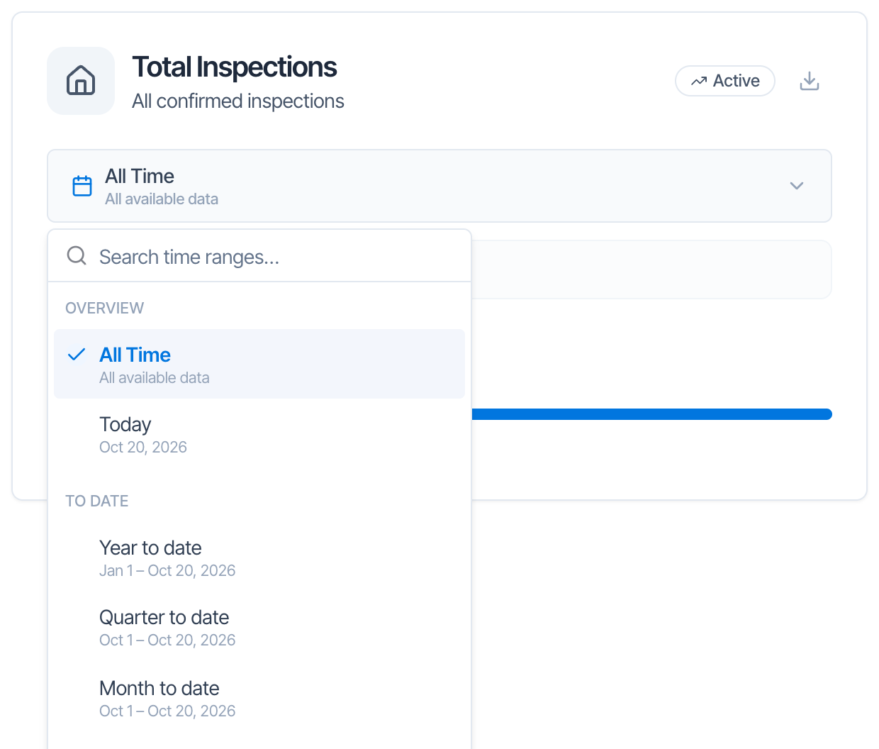 The date range menu open on the Total Inspections card: a Search time ranges box, then Overview with All Time (All available data, ticked) and Today (Oct 20, 2026), then To date with Year to date (Jan 1 – Oct 20, 2026), Quarter to date (Oct 1 – Oct 20, 2026) and Month to date (Oct 1 – Oct 20, 2026)