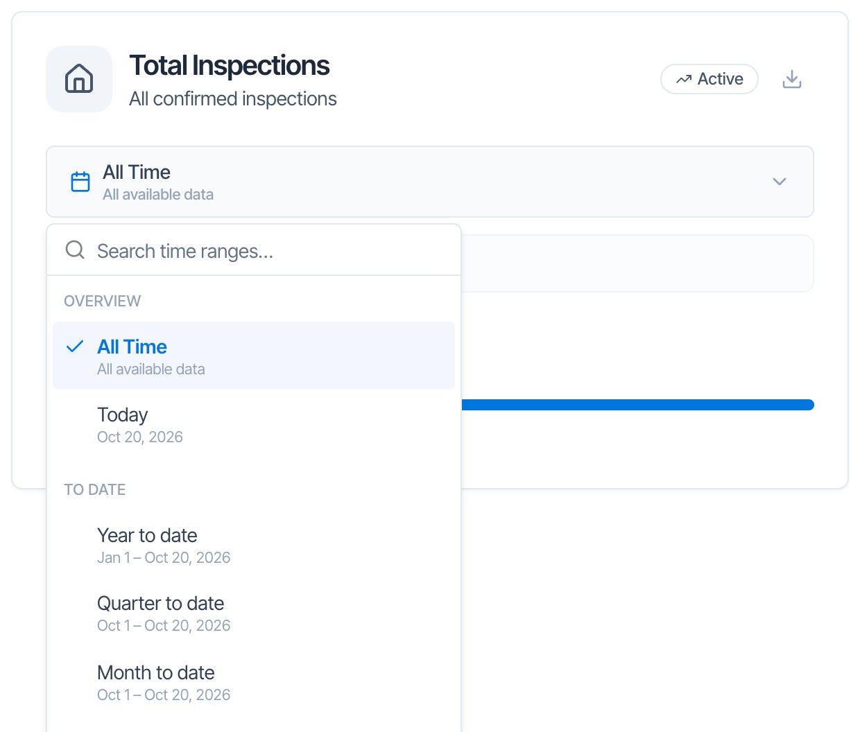The date range menu open on the Total Inspections card: a Search time ranges box, then Overview with All Time (All available data, ticked) and Today (Oct 20, 2026), then To date with Year to date (Jan 1 – Oct 20, 2026), Quarter to date (Oct 1 – Oct 20, 2026) and Month to date (Oct 1 – Oct 20, 2026)
