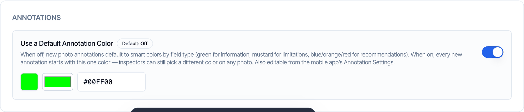 The Annotations group with Use a Default Annotation Color turned on, showing a green color swatch, a color picker and the hex code 00FF00