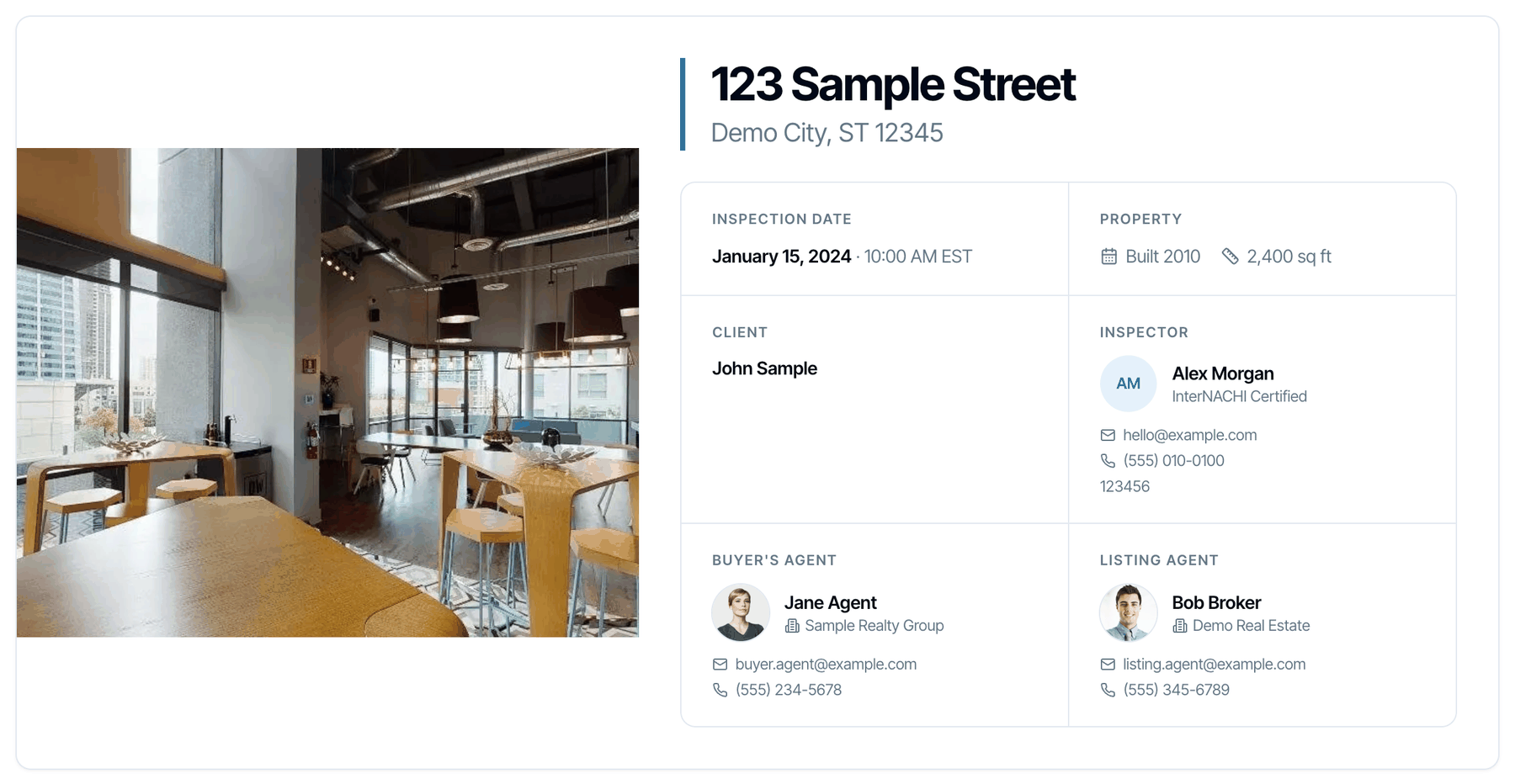 The Grid banner: the property photo on the left and, on the right, the address with a blue accent bar above a grid of cells for the inspection date, property, client, inspector, buyer's agent and listing agent