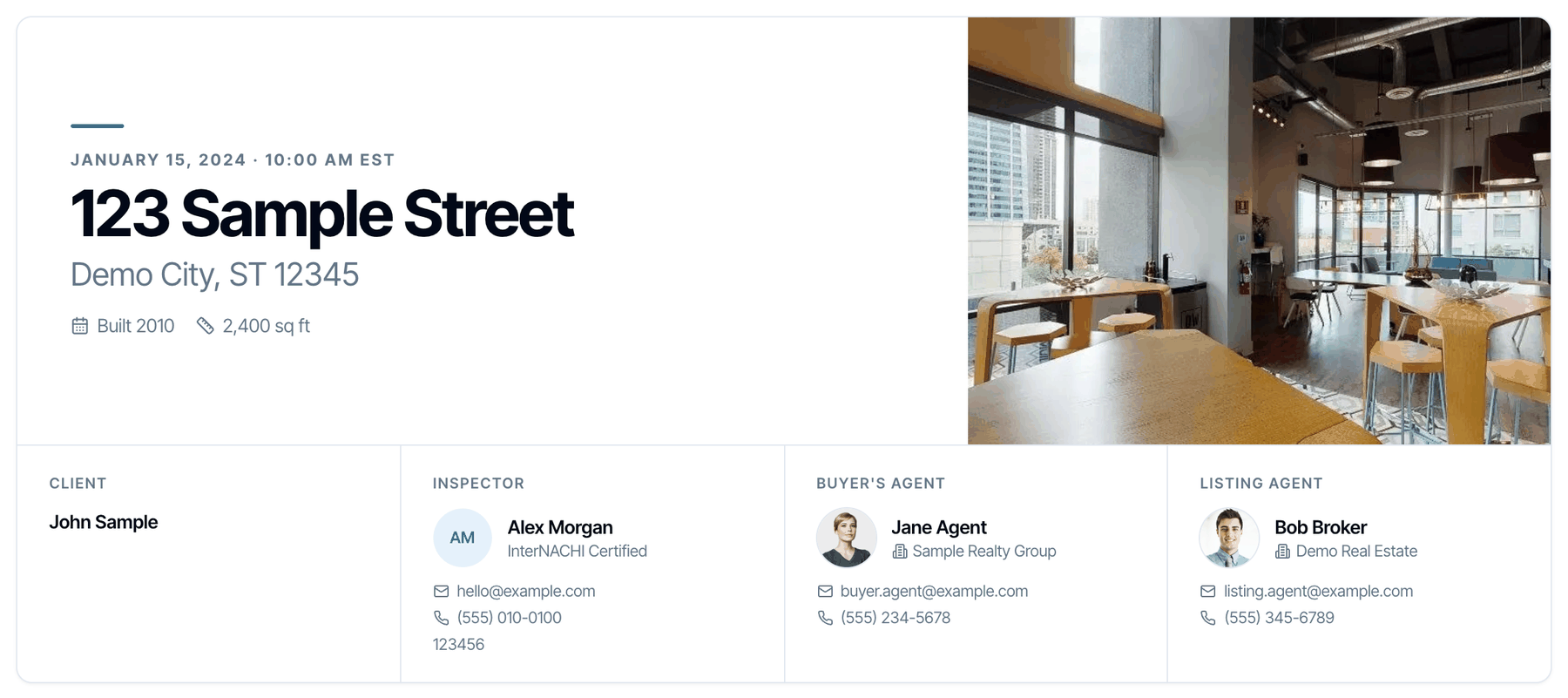 The Headline banner: the date, a large 123 Sample Street and the city on the left, the property photo on the right, and the client, inspector and agents in a row below