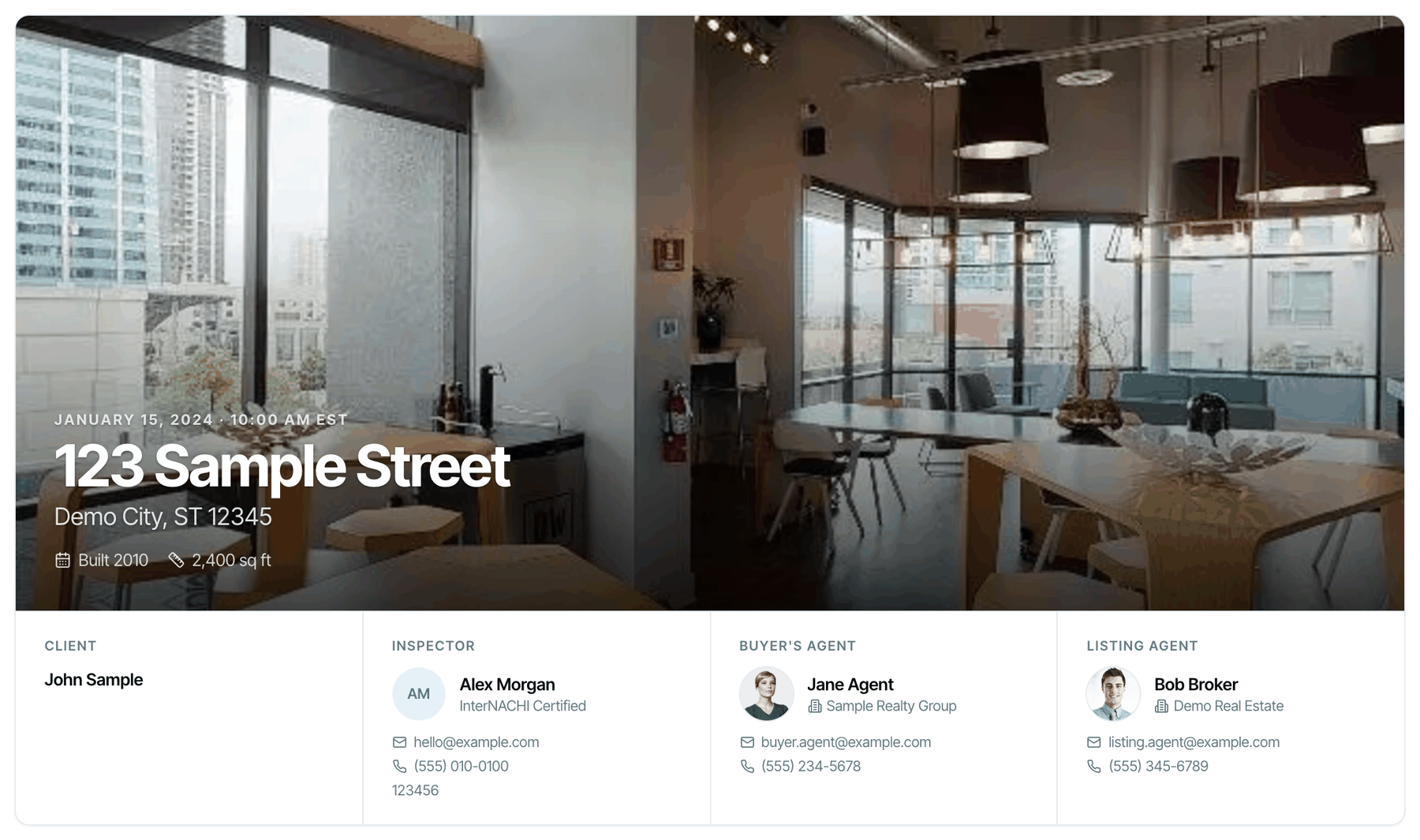 The Hero banner: a wide property photo with January 15, 2024, 123 Sample Street and Demo City over its bottom edge, then a row with the client, inspector, buyer's agent and listing agent