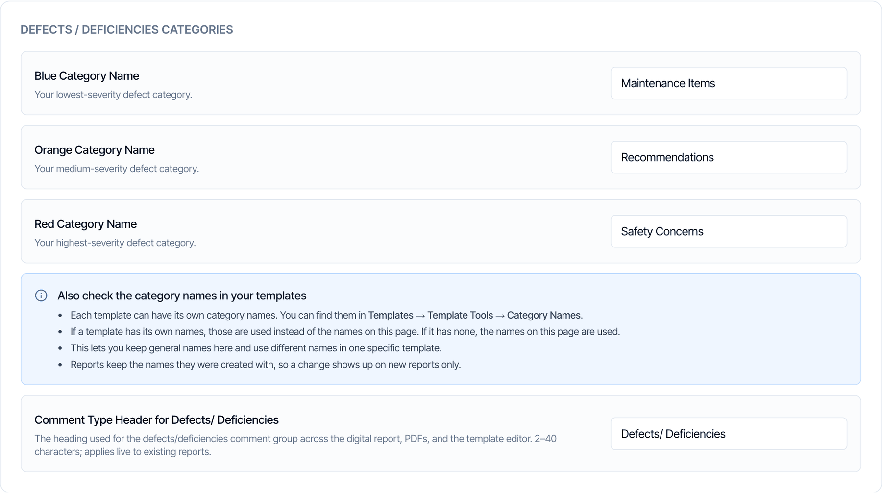 The Defects / Deficiencies Categories group with Blue Category Name set to Maintenance Items, Orange Category Name set to Recommendations, Red Category Name set to Safety Concerns, a blue note about category names in templates, and Comment Type Header for Defects/ Deficiencies set to Defects/ Deficiencies