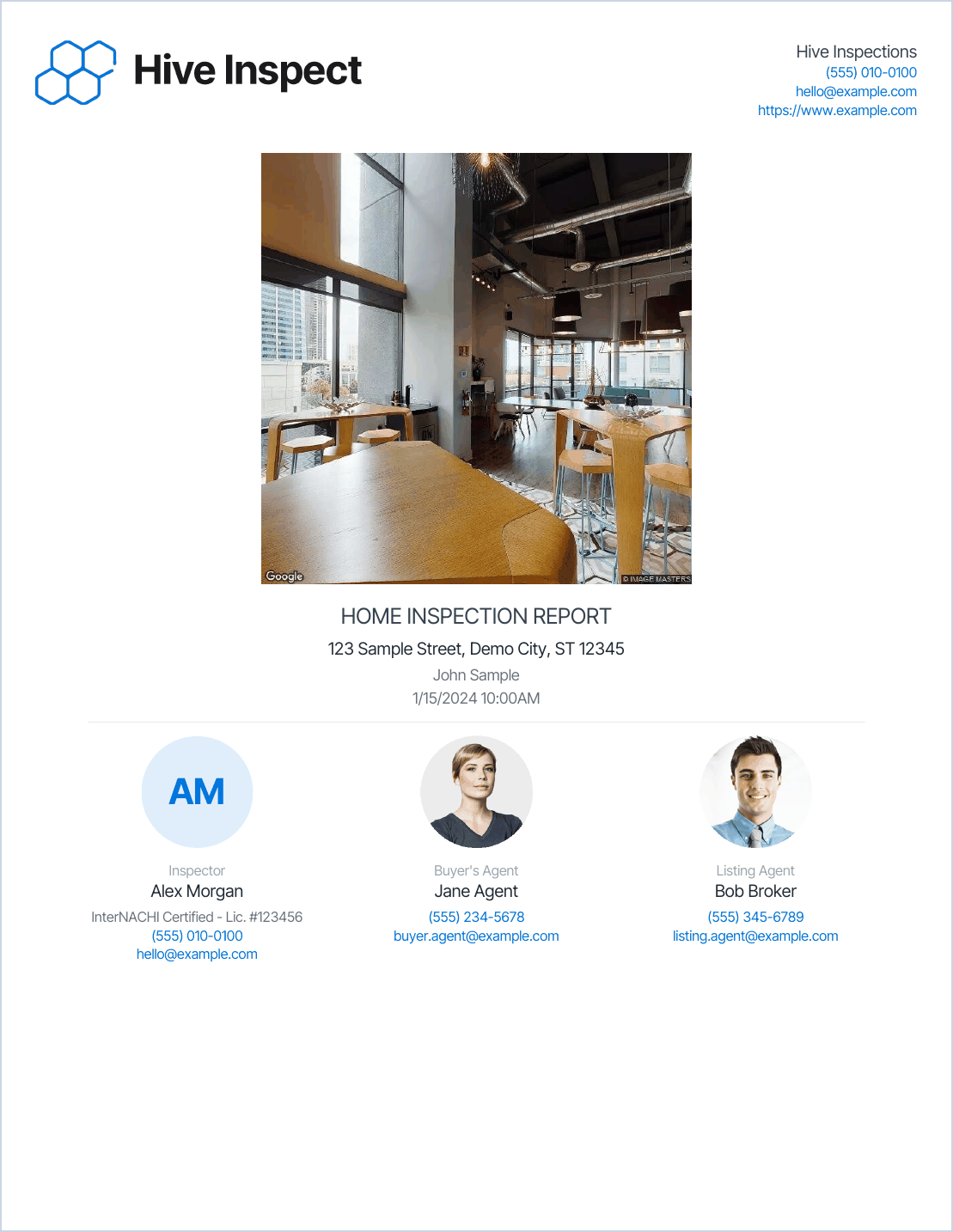 A Classic PDF cover: the company logo and contact details at the top, the property photo, the report title, address, client and date, and the inspector and agents in a row with their photos