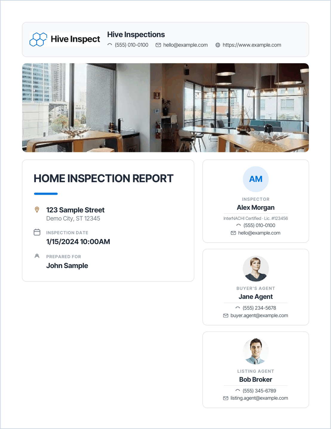 A Modern PDF cover: a company header card, a rounded property photo, a title card with the address, date and client, and stacked cards for the inspector and agents
