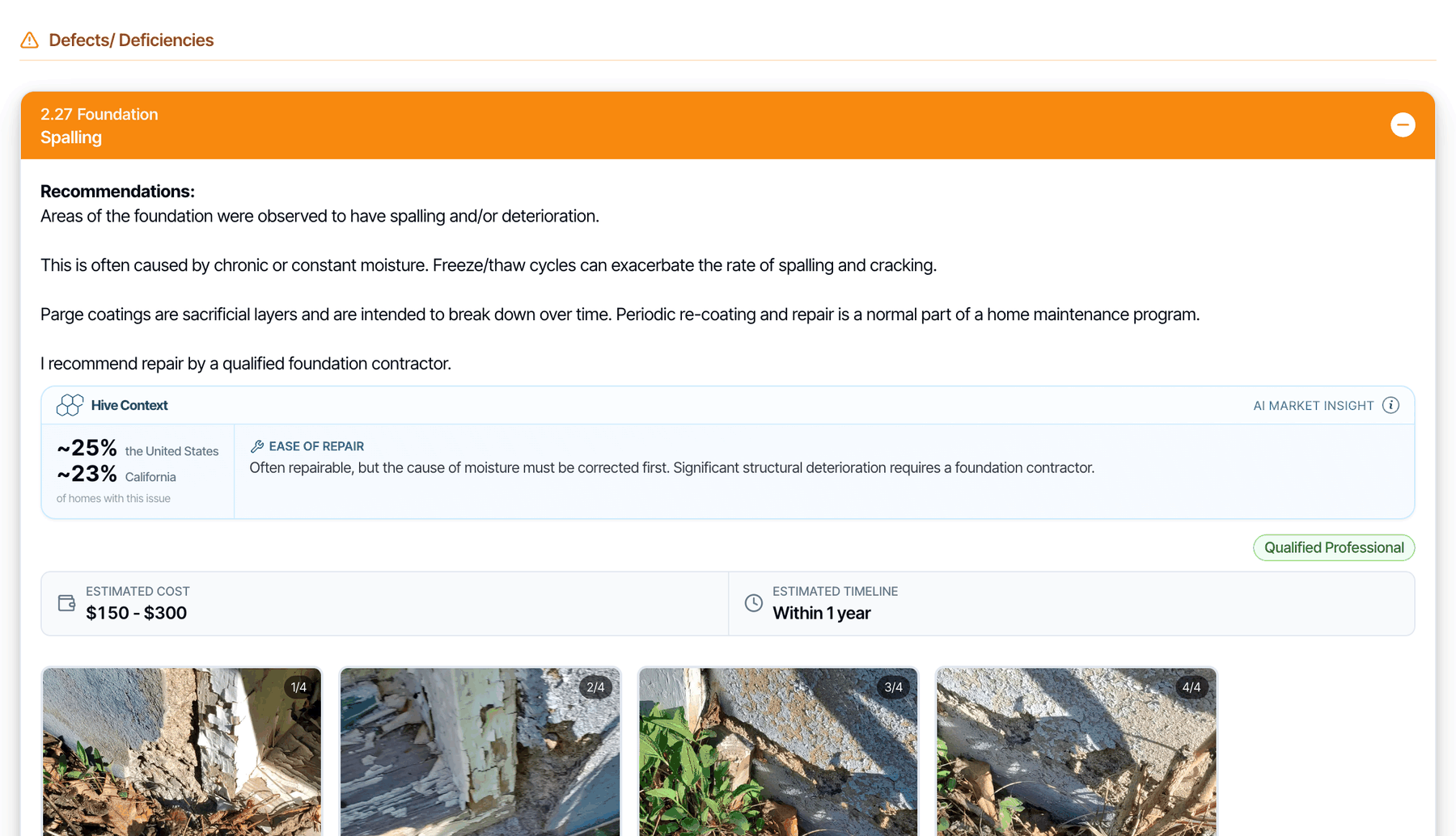 The same defect shown full width, with its photos in one row of four