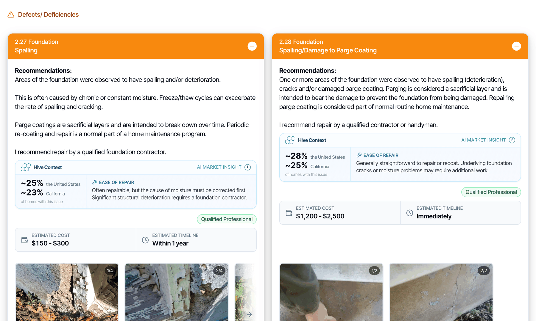 Defect cards in two columns, each with an orange header, the description, a Hive Context box, the recommended service, the estimated cost and timeline and photos