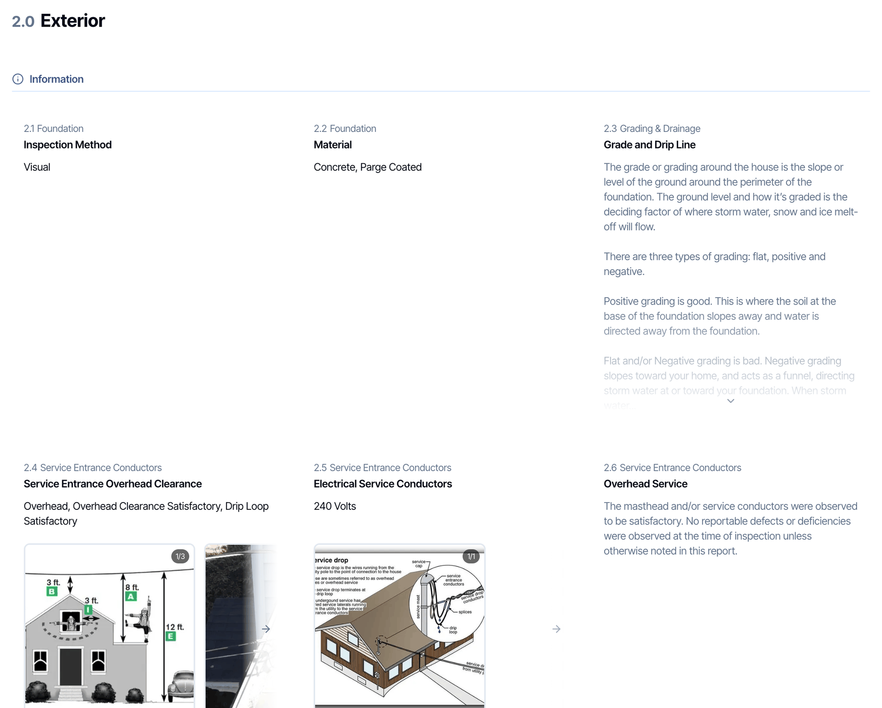 The Exterior section with grouping on: one Information group for the whole section, numbered 2.1, 2.2, 2.3 and so on, where each comment carries the name of its subsection, such as Foundation or Grading and Drainage